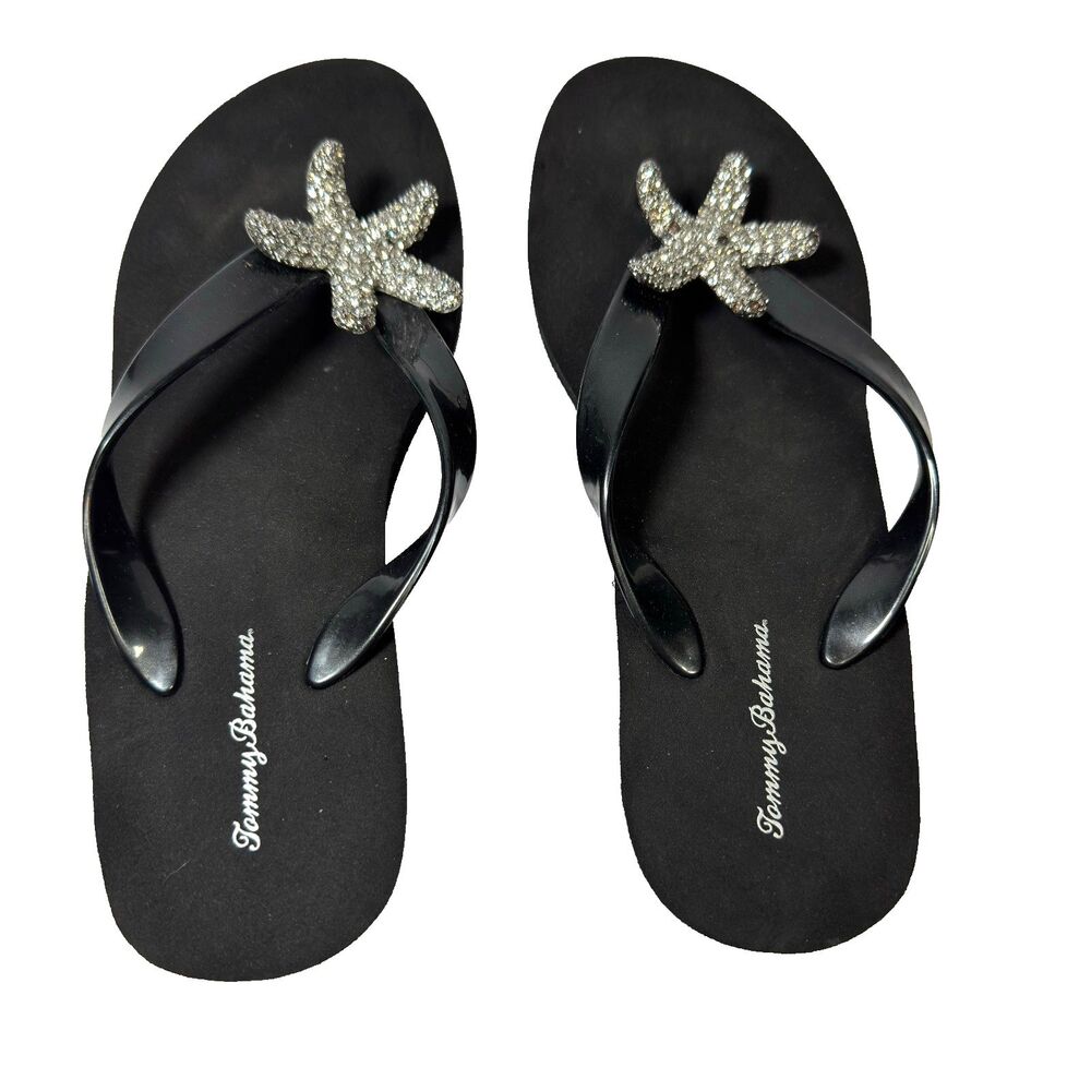 Tommy Bahama Starfish Wedge Flip Flops Black Rhinestone Crystal Sandals Sz 8
